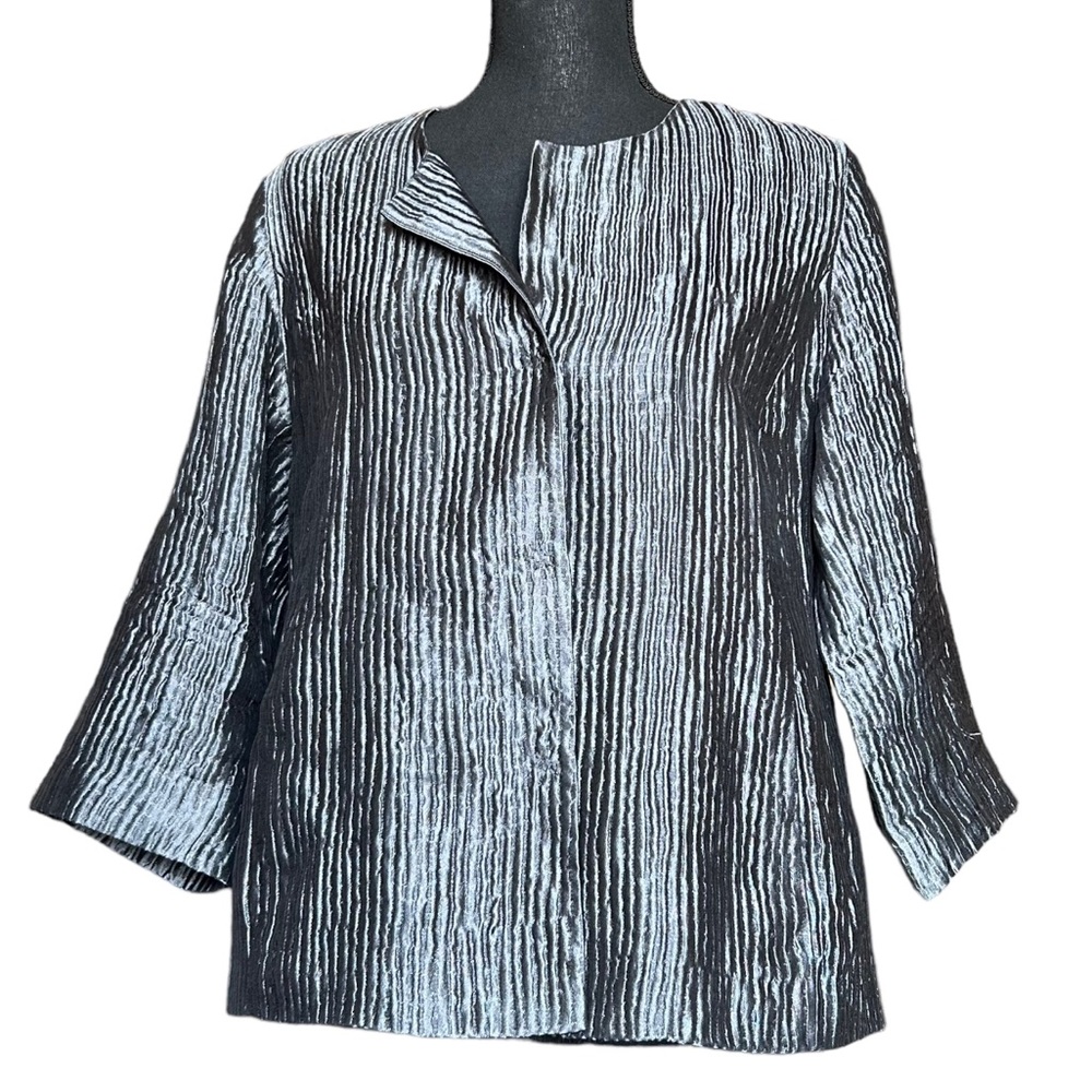 Eileen Fisher Silver Metallic Pleated Textured Silk Blend Jacket Sz M